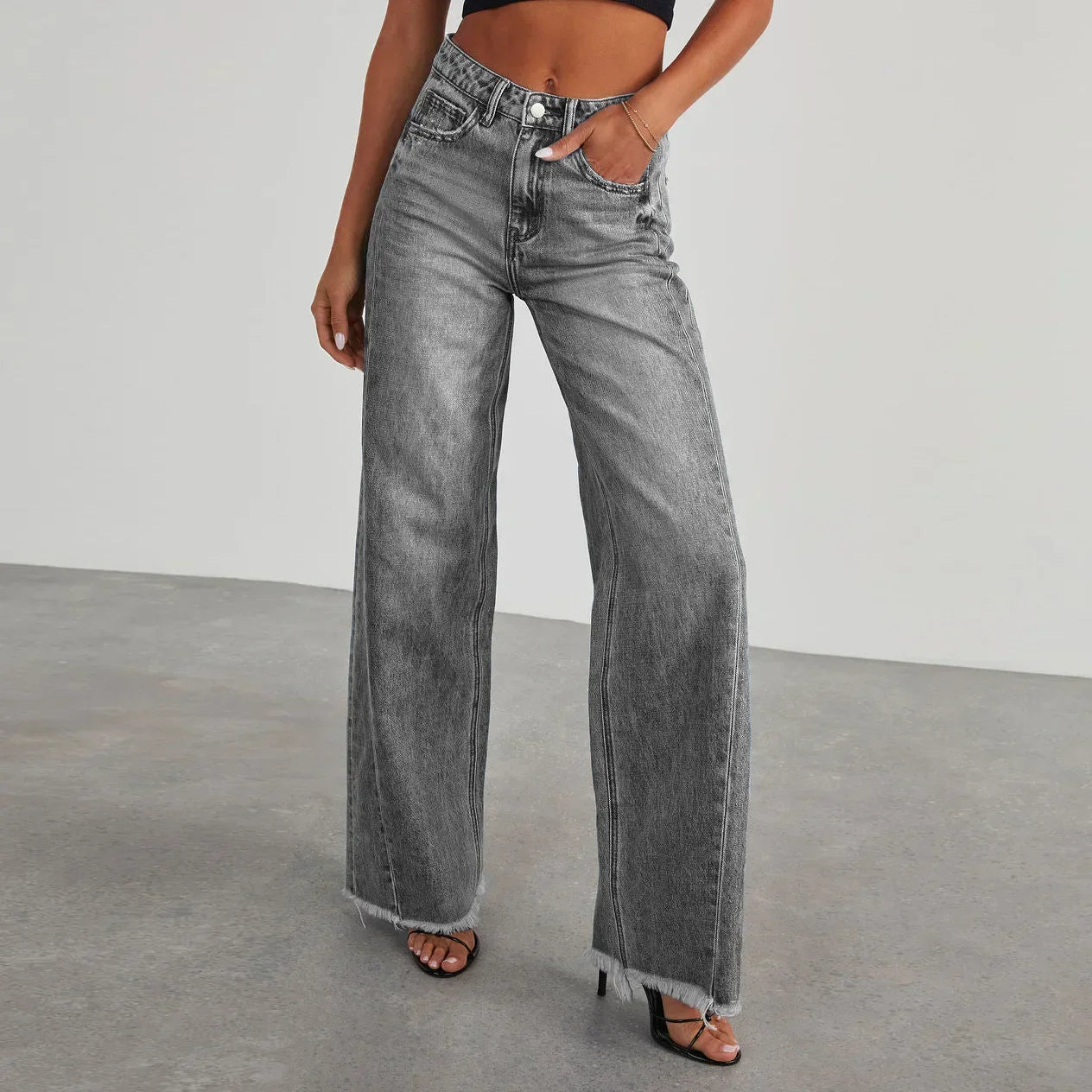 Women's Madison wide leg high-rise soft-wash denim jeans with frayed hem in relaxed silhouette
