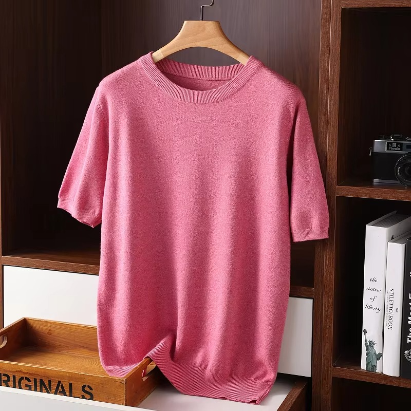 Men's ivory cashmere short sleeve O-neck sweater lightweight fine-knit luxury pullover modern fit