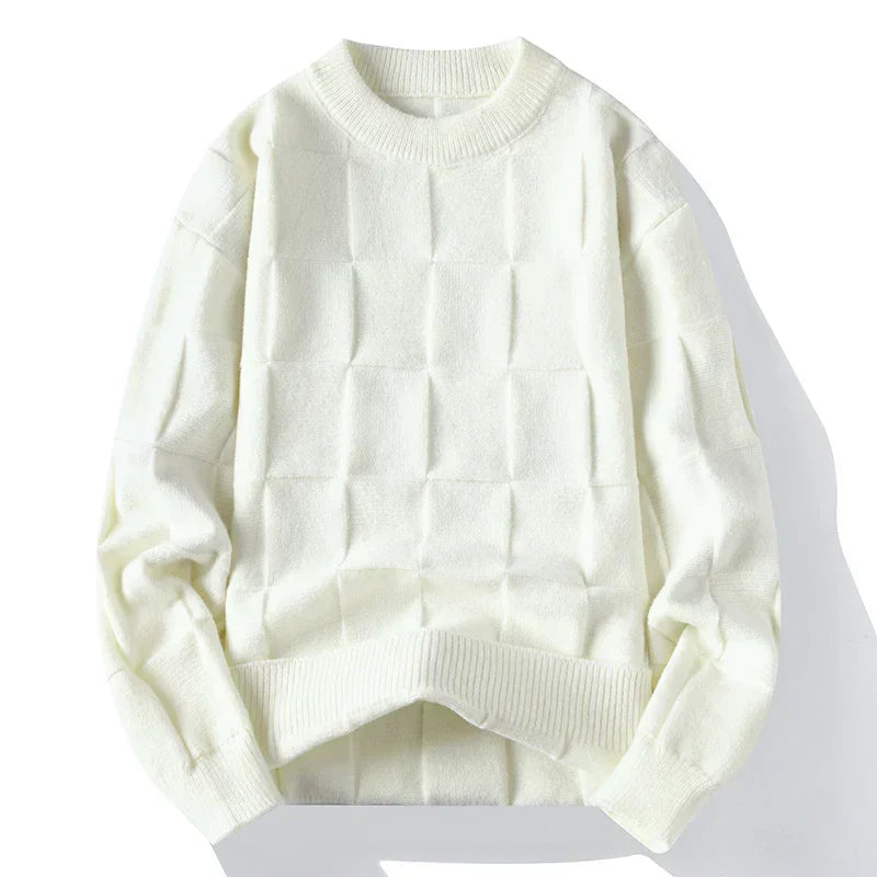Women's check textured knit sweater pullover in geometric grid pattern, versatile layering essential