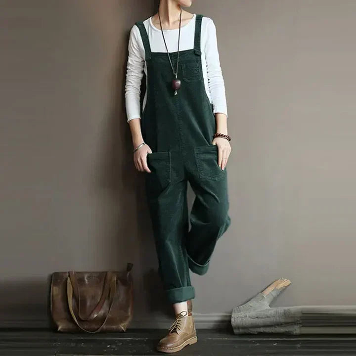 Women's relaxed fit denim overalls in classic blue, casual everyday style with durable fabric