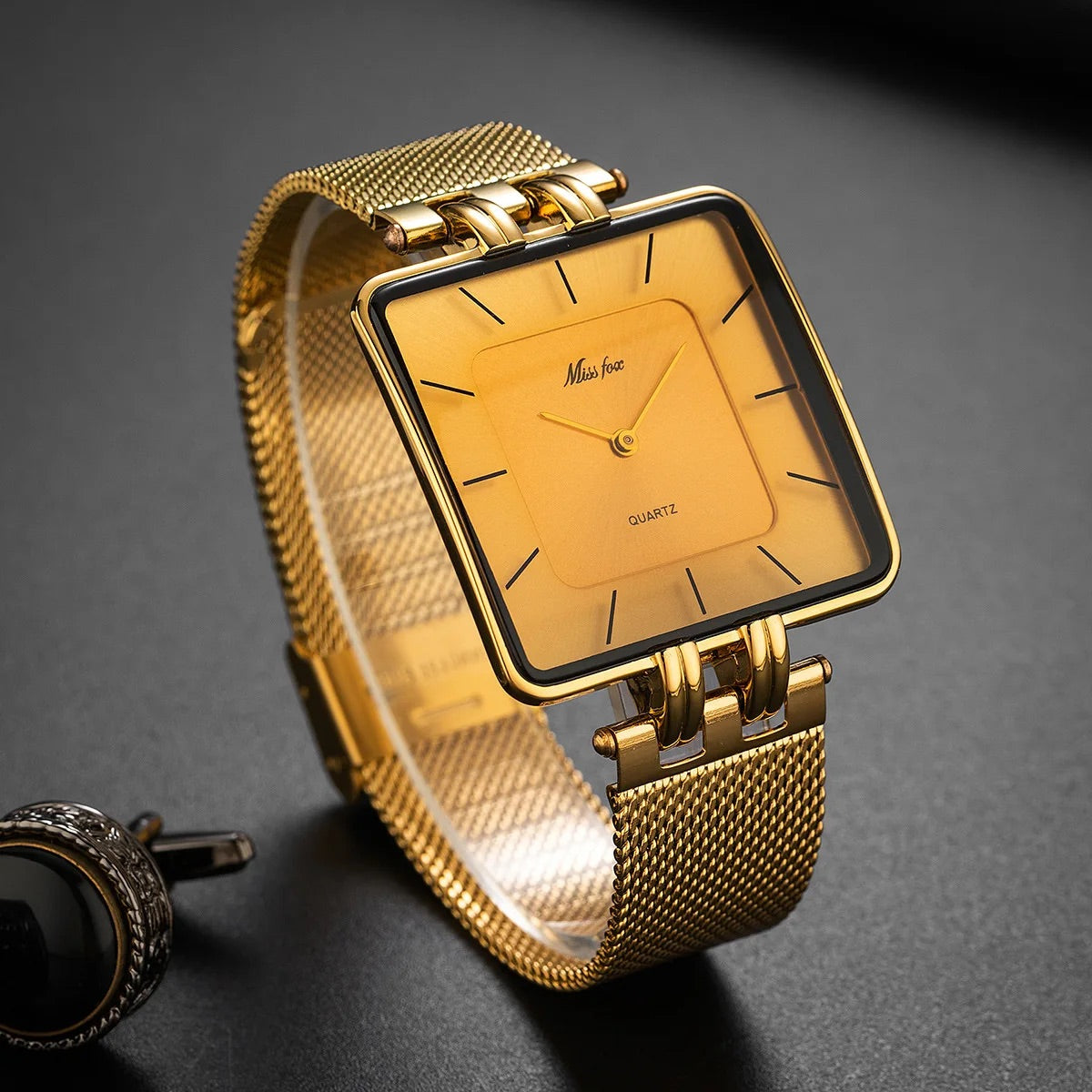 Women's minimalist square case wrist watch with elegant silver mesh band for everyday wear