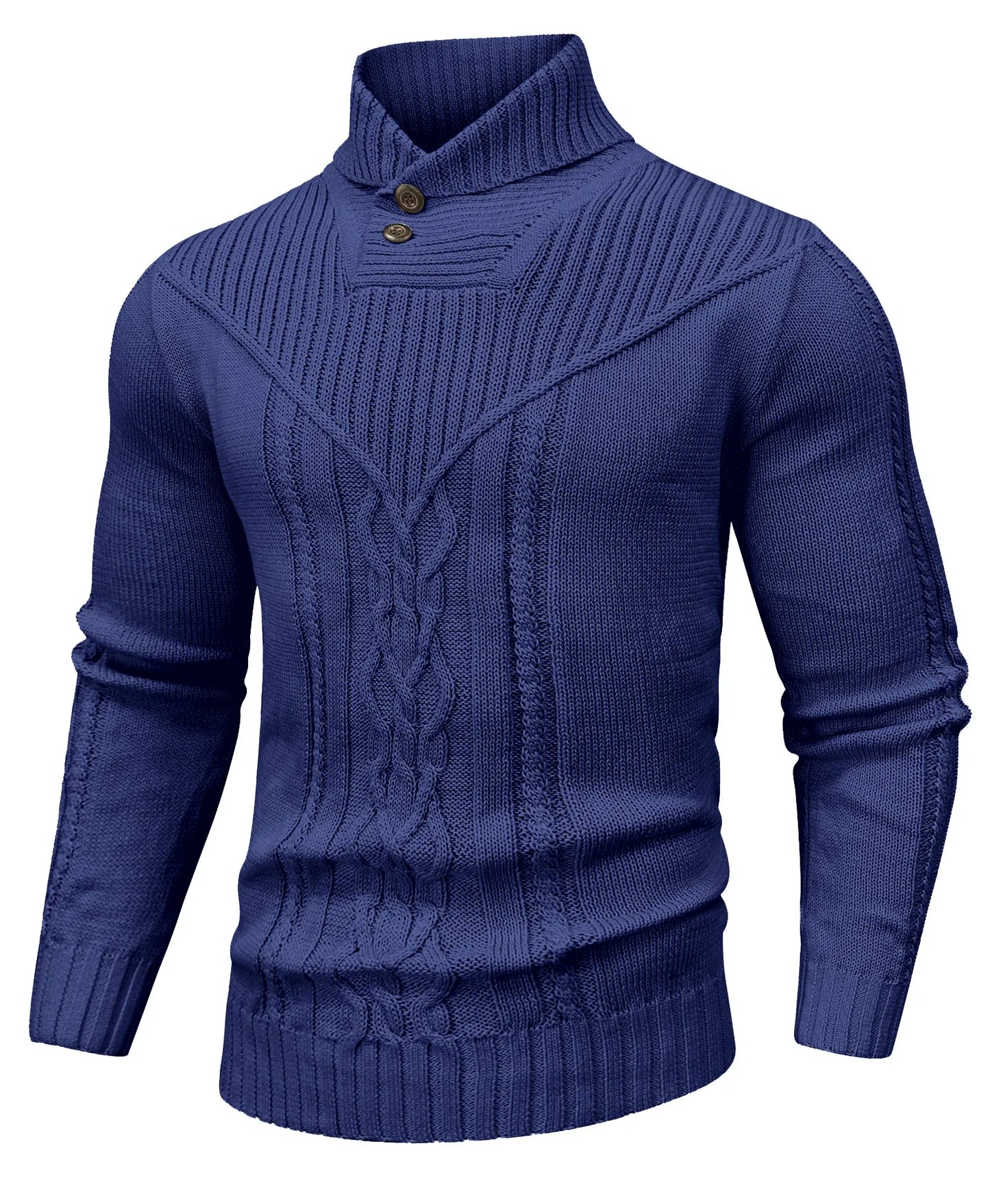 Cream cable knit high-neck sweater unisex cozy fit with button closure classic structured silhouette