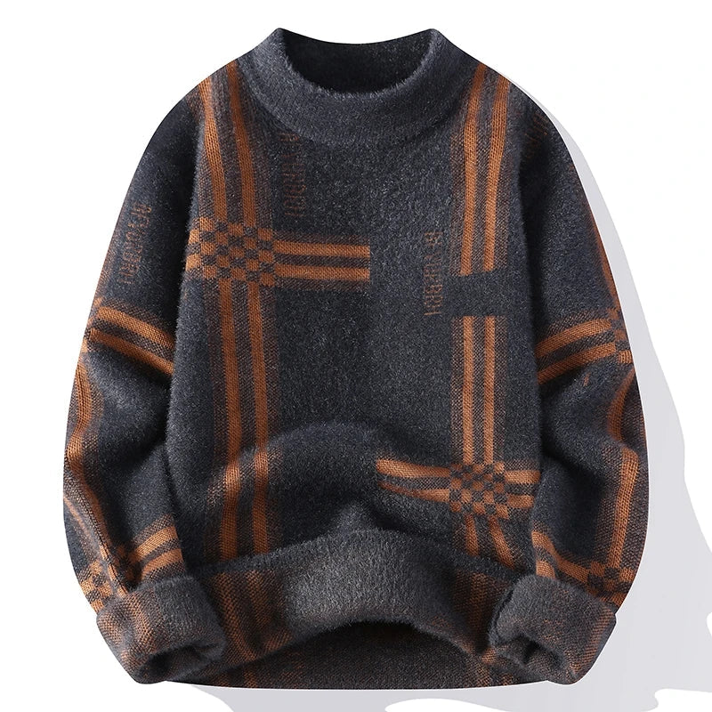 Women's fuzzy knit plaid sweater in cozy warm tones with soft textured finish for effortless layering