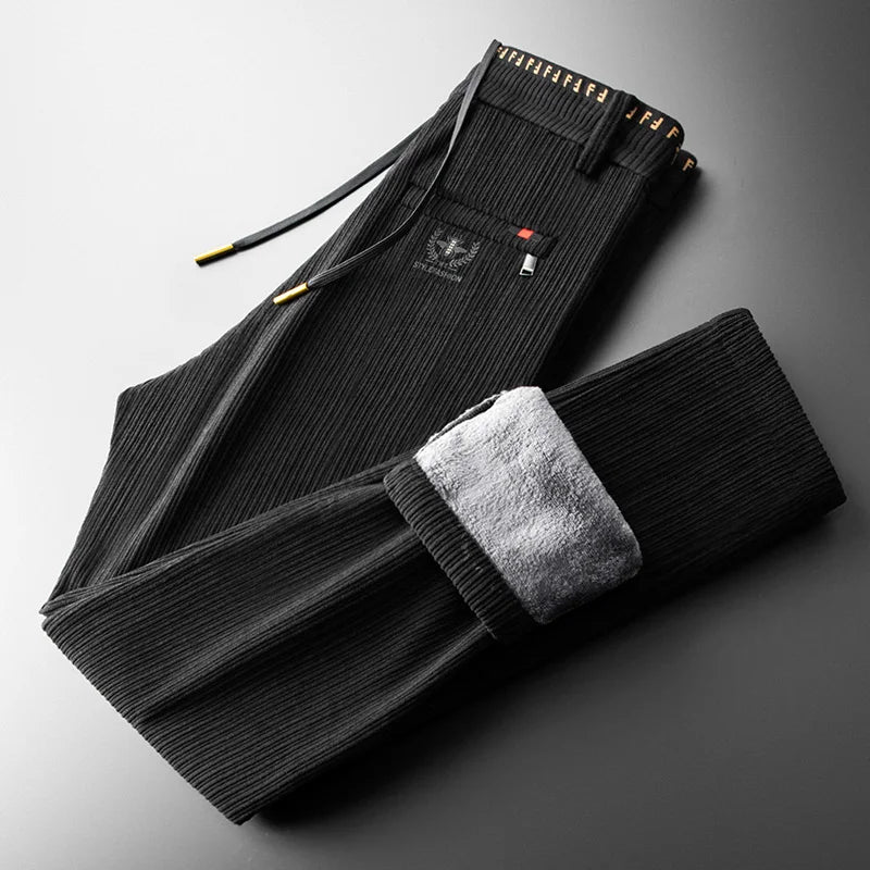 Men's brown corduroy jogger pants with Sherpa lining, drawstring waist, relaxed fit all-season comfort