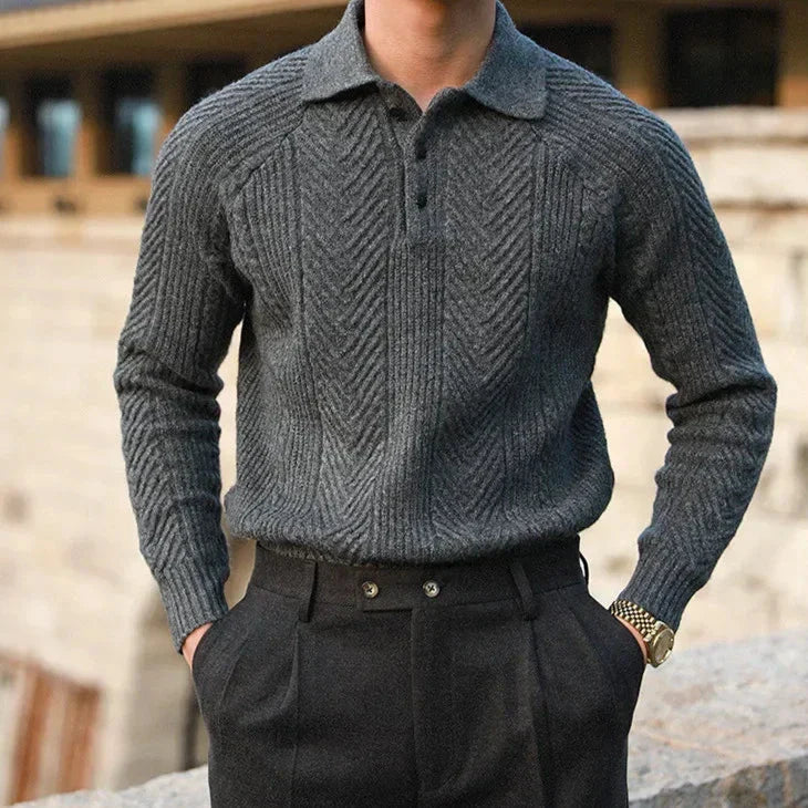 Men's neutral knitted polo shirt long-sleeve soft knit distinct woven pattern casual formal versatile
