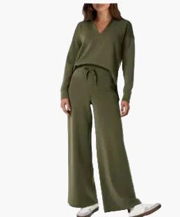 Women's sage green lounge set wide leg pants V-neck collar top relaxed travel-ready leisure wear