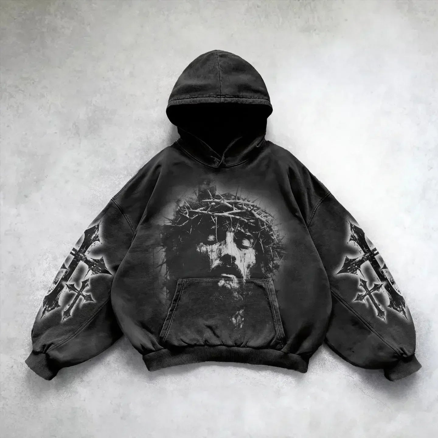 Washed hoodie premium cotton vintage gravure finish relaxed streetwear fit bold retro texture