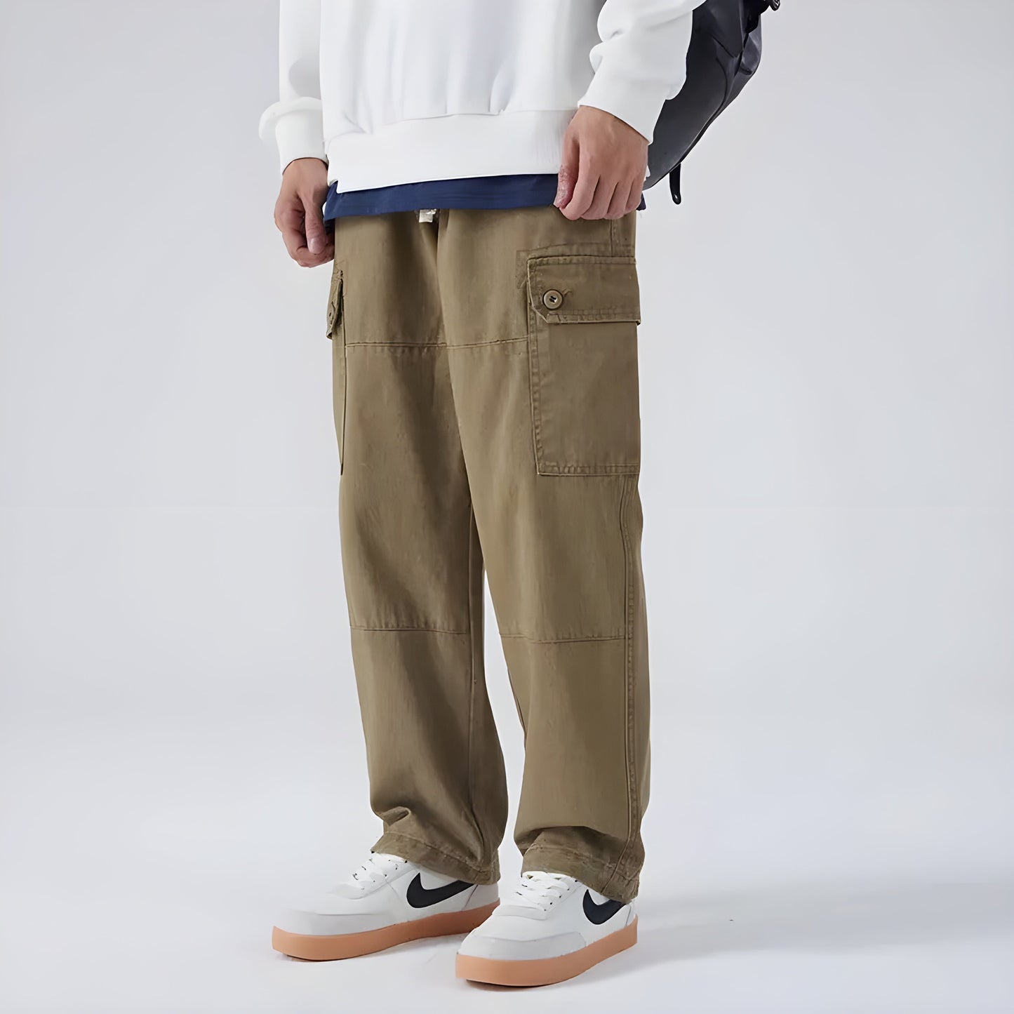 Men's loose straight cargo pants breathable washed cotton knee patch utility pockets drawstring