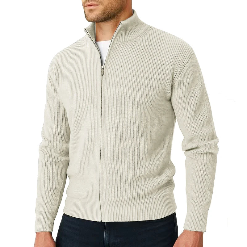 Unisex ribbed knit zip-up sweater with high collar, smart casual essential in versatile style