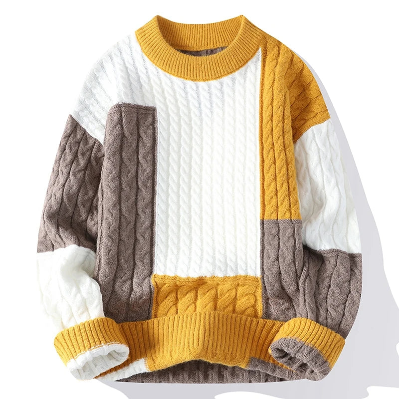 Men's relaxed fit cable knit wool crewneck sweater with color block pattern for cozy modern style