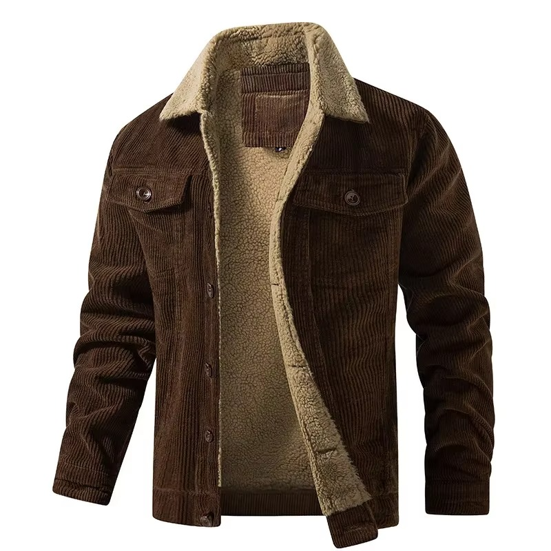 Men's navy corduroy fleece-lined winter jacket with textured shell and warm utility fit