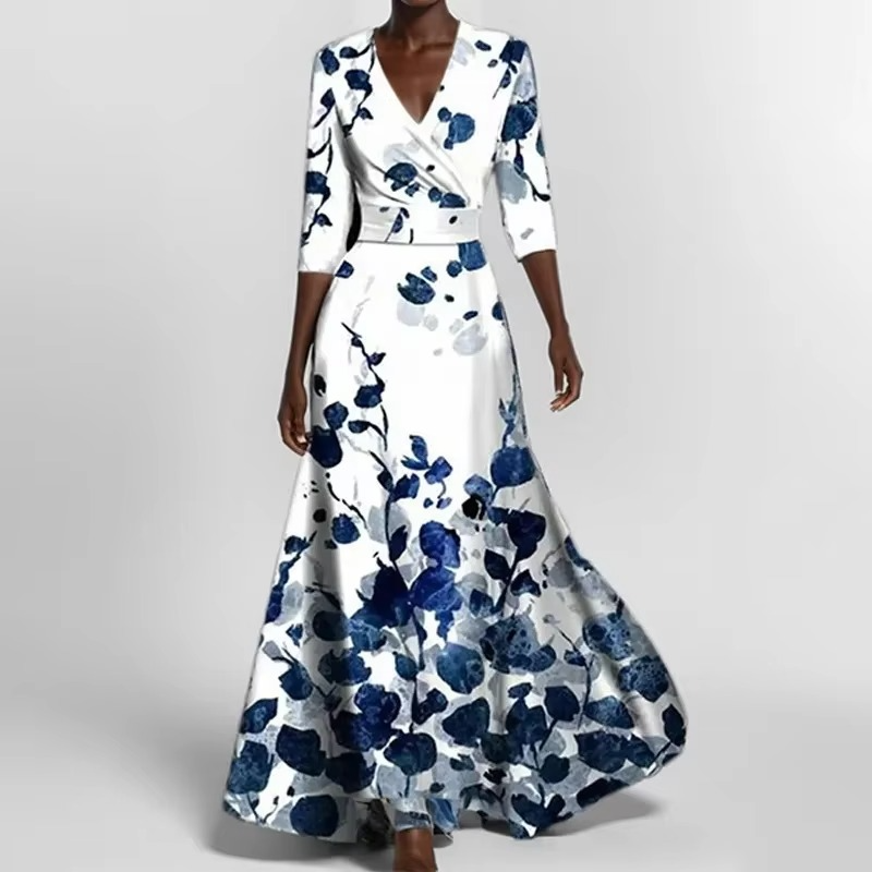 Women's ankle-length printed pleated dress with V-neck, elegant silhouette, timeless flowy style