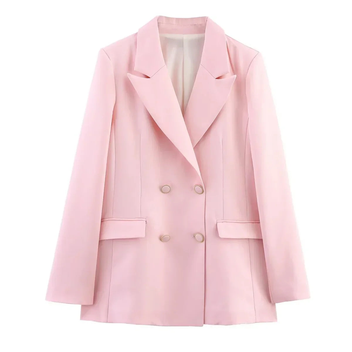 Women's navy double-breasted tailored long blazer formal suit set with elongated silhouette