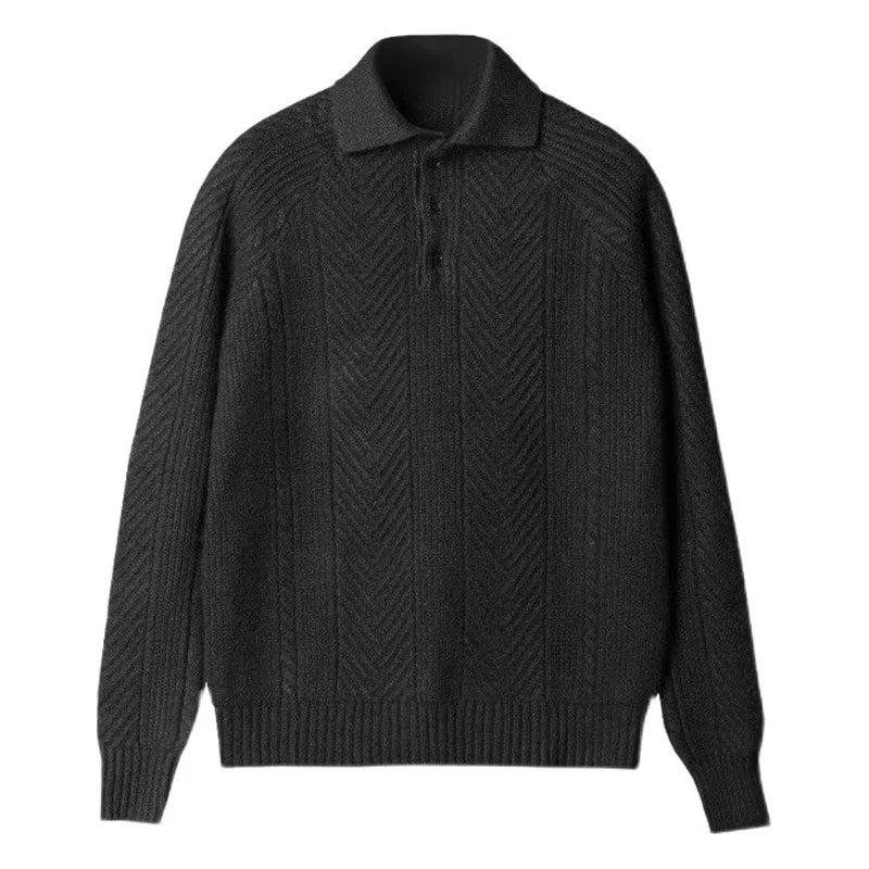 Beige ribbed knit polo sweater unisex structured collar three-button placket textured pattern