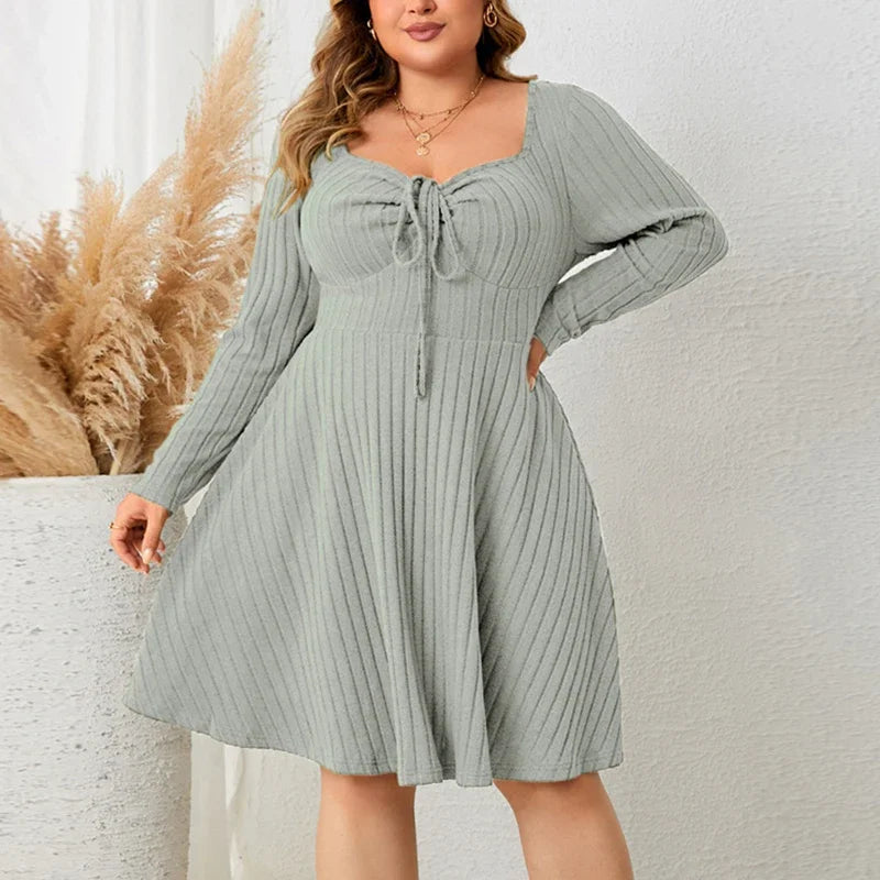 Plus size ribbed knit dress with lace-up neckline, all-way stretch, flattering slim fit