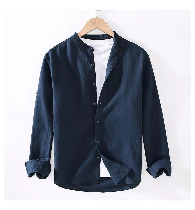 Men's vintage linen stand collar long sleeve shirt breathable button-up in neutral tone