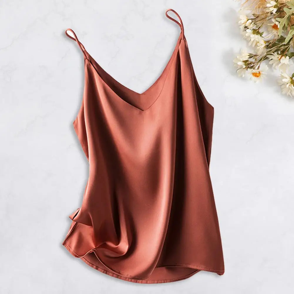 Women's silk satin cami top with spaghetti straps, V-neck halter detail, lightweight luxury fit