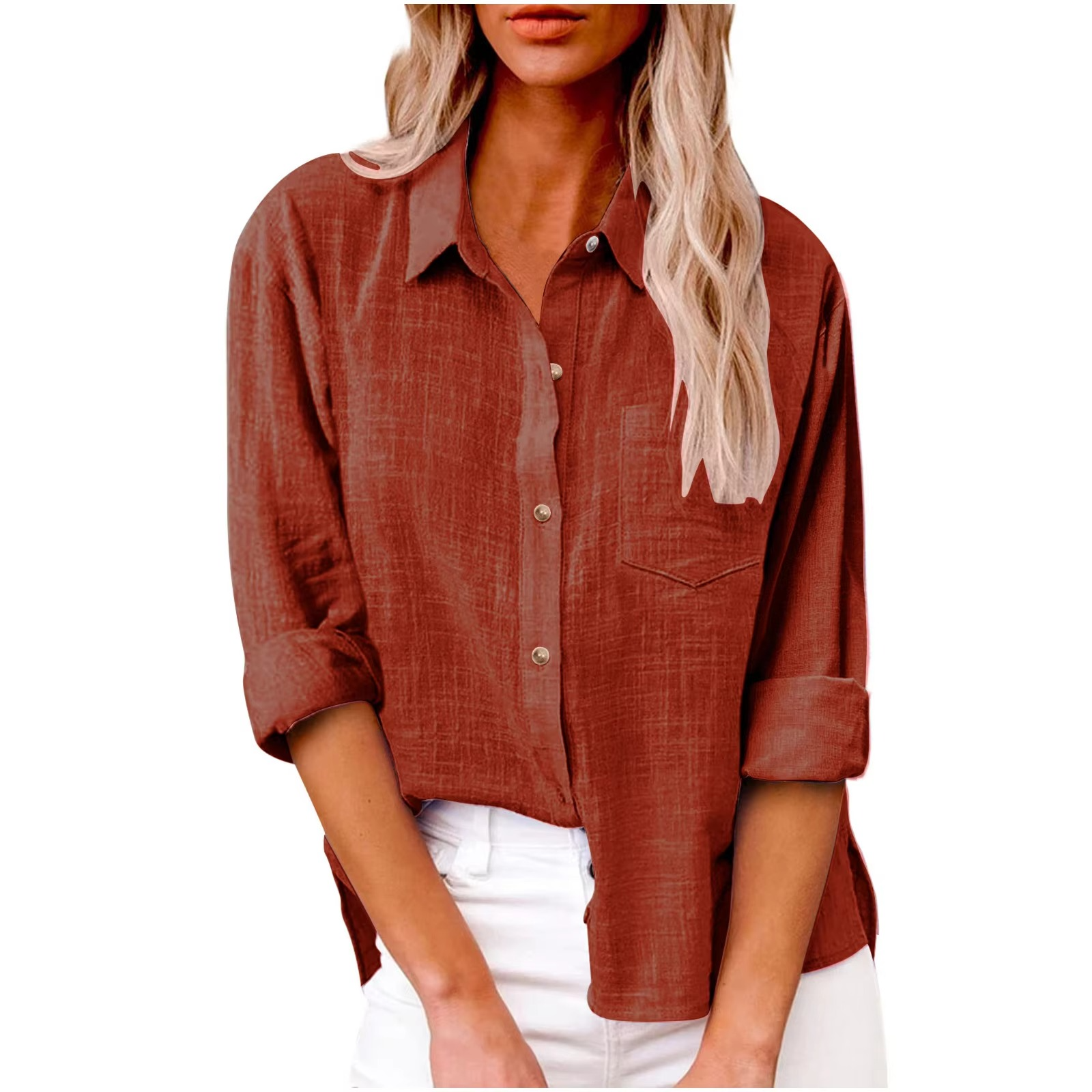 Women's cotton linen long sleeve casual blouse, breathable lightweight spring top with relaxed elegant fit