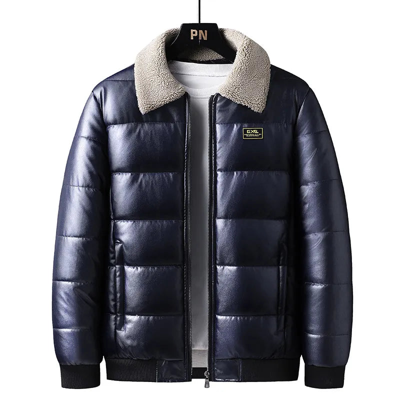 Men's cotton-padded jacket with premium lamb fur collar, cold-weather outdoor style