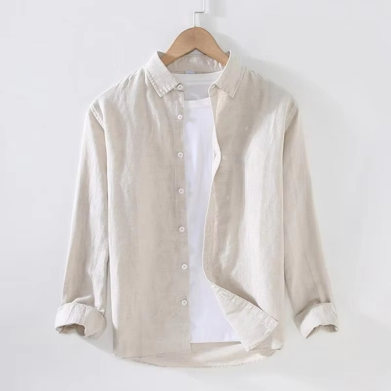 Men's vintage linen stand collar long sleeve shirt, breathable button-up in neutral tone