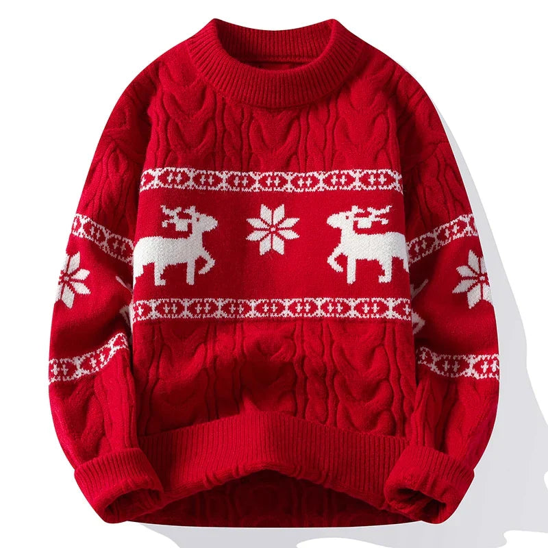 Women's red cozy Christmas sweater relaxed fit with festive reindeer print holiday design