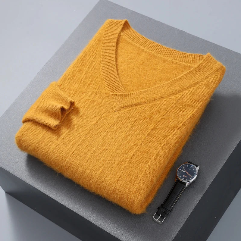 Men's loose fit wool blend V-neck sweater, soft warm knit pullover perfect for layering