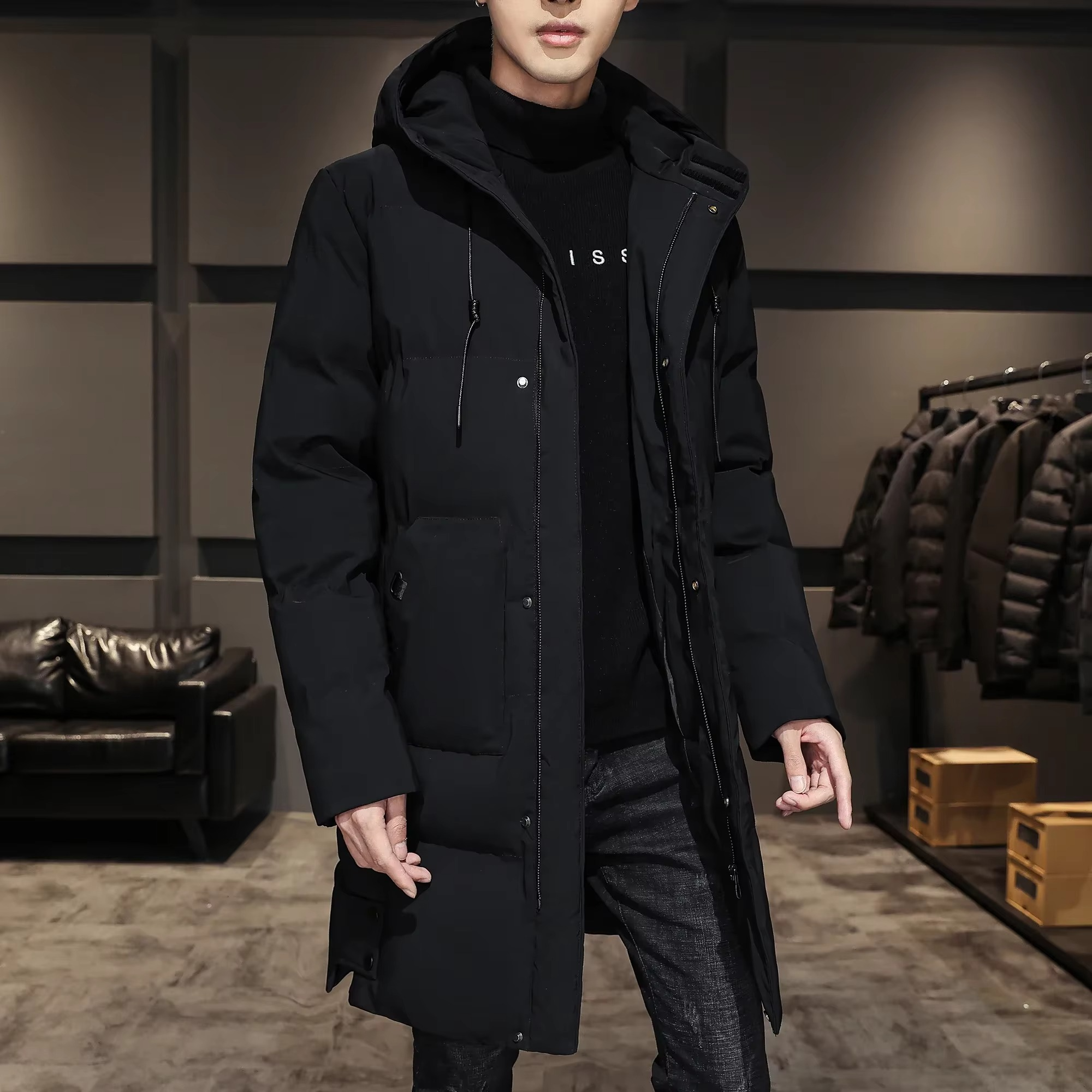 Men's long padded parka coat lightweight insulated cotton shell for cold weather commuting