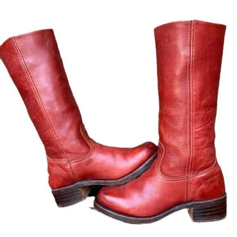 Women's wide calf knee-high boots retro square heel Western style in sleek black leather