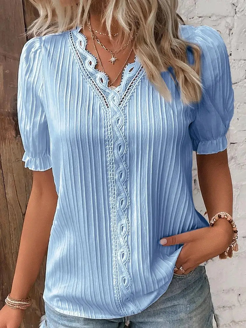 Women's white lace-trim V-neck blouse short sleeve lightweight elegant silhouette