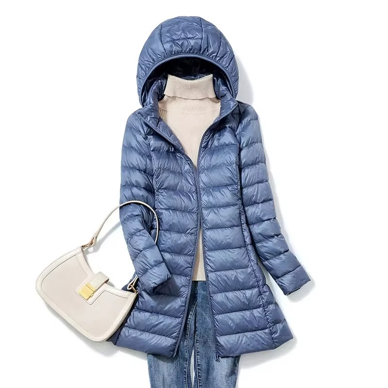 Women's slim-fit long hooded down parka, lightweight winter coat with full coverage silhouette