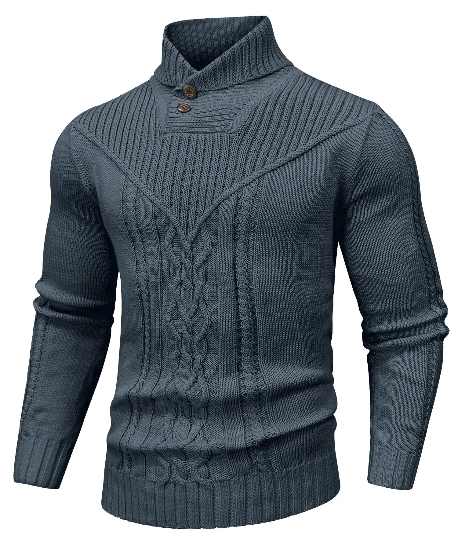 Cream cable knit unisex sweater with high-neck ribbed collar and decorative button closure