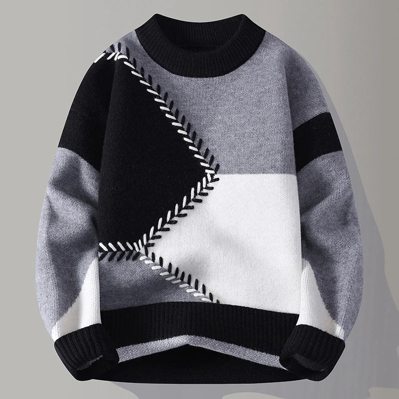 Colorblock knit sweater in bold geometric blocks, soft comfort texture, casual everyday style