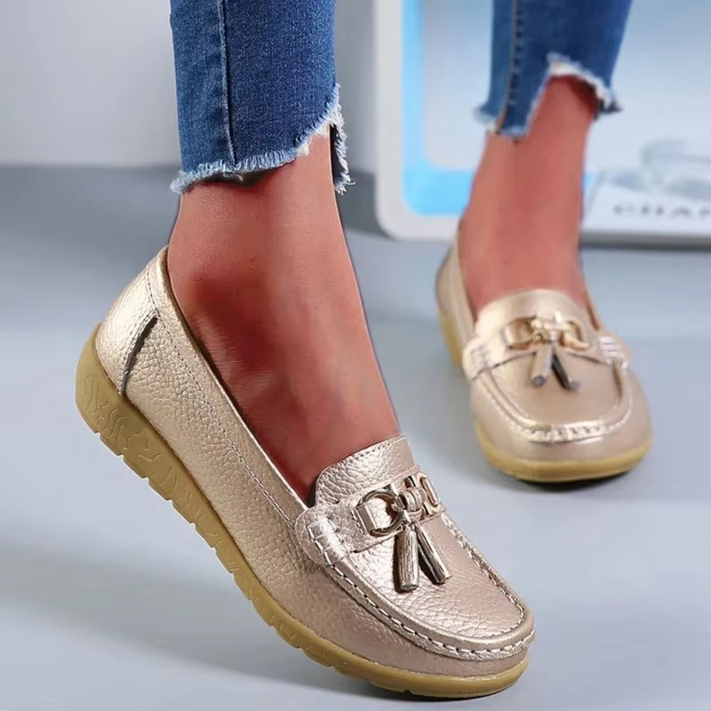 Black genuine leather women's slip-on moccasin flats with all-day comfort and versatile everyday style