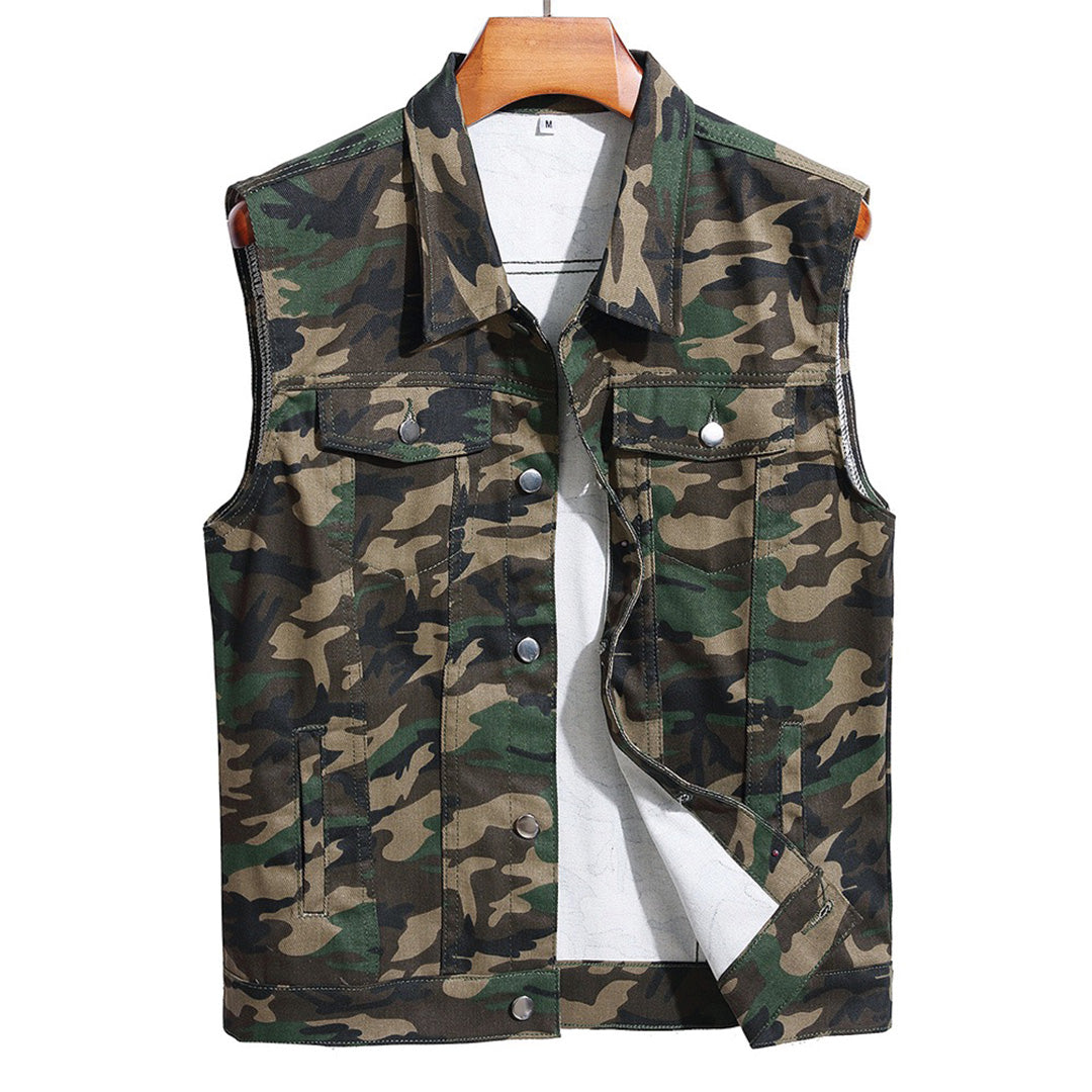 Camouflage cotton denim vest regular fit with bold camo pattern and functional flap pockets
