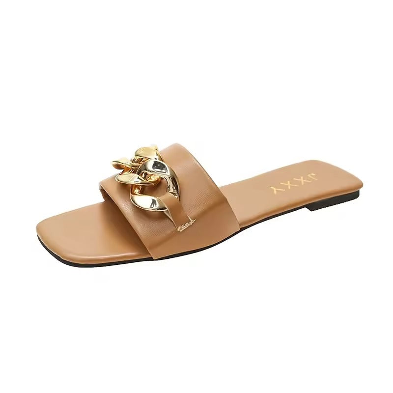 Women's vegan leather slide sandals with bold gold chunky chain accent strap, square toe, chic flat style