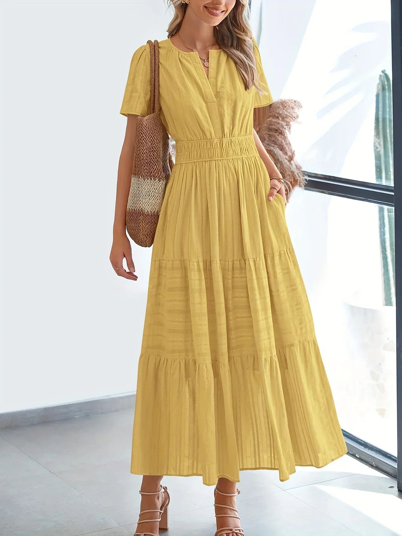 Nevaeh modest maxi dress women breathable floor-length V-slit neckline short sleeves summer chic