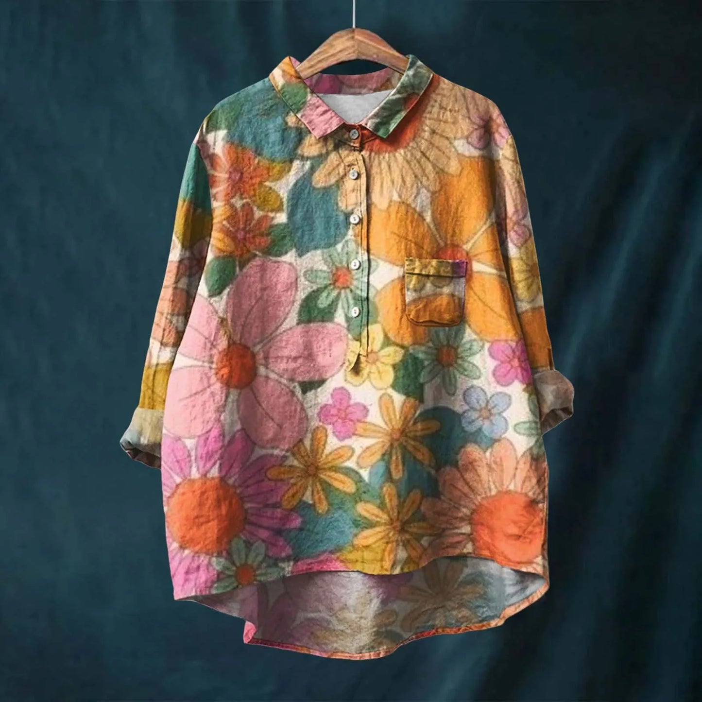 Women's botanical floral relaxed-fit shirt in multicolor print with high-low hem, breathable all-season style
