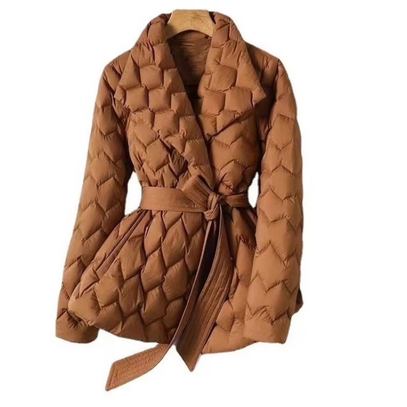 Women's lightweight quilted cotton jacket with lapel and tie waist, sleek mid-length silhouette