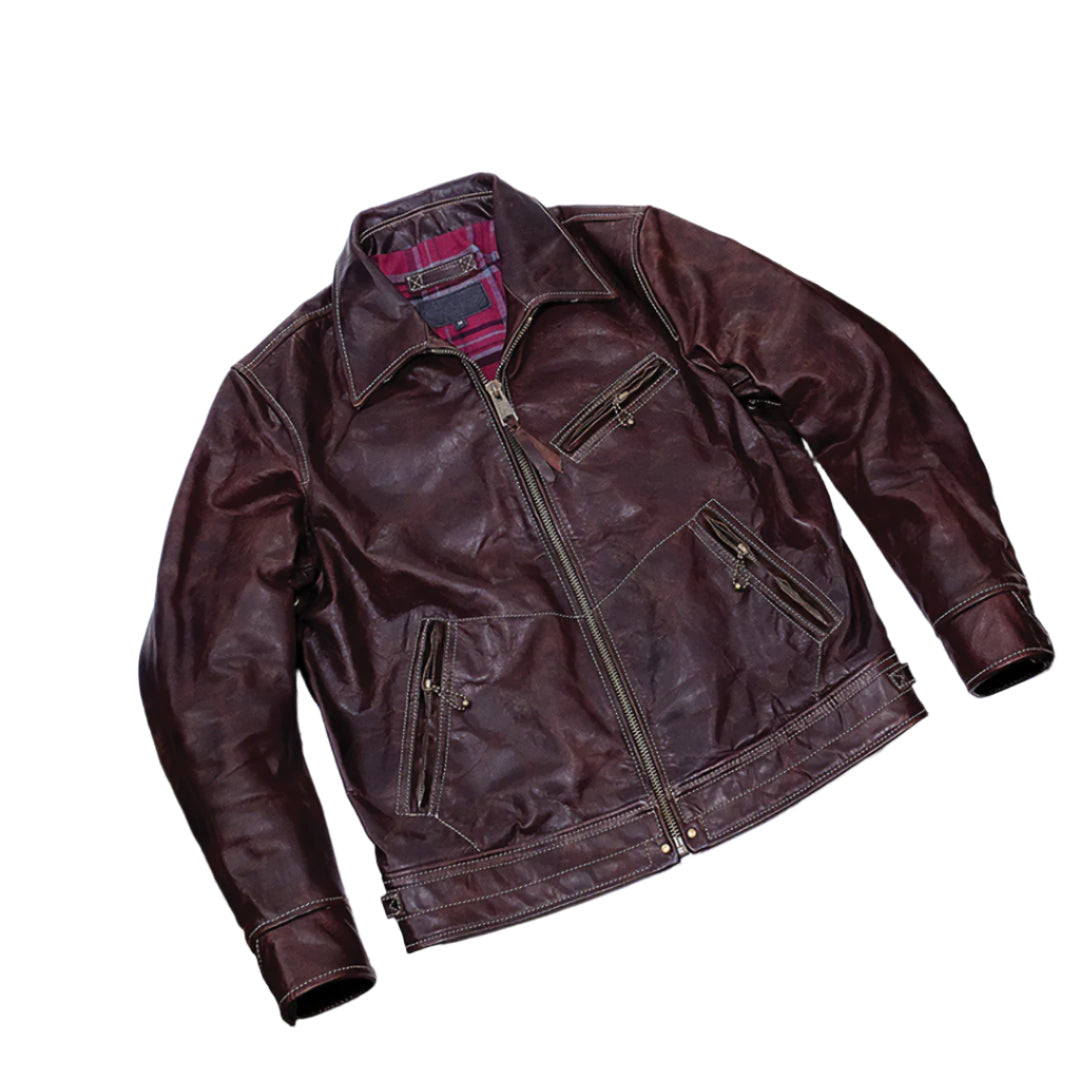 Black horsehide cracked leather biker jacket slim fit with zipper pockets distressed texture
