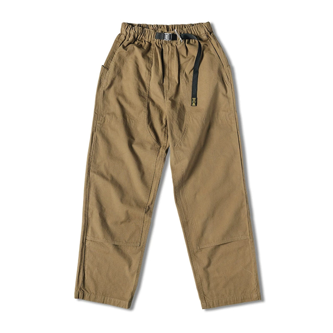 Men's straight-leg khaki cotton canvas trekking trousers with integrated waist adjuster