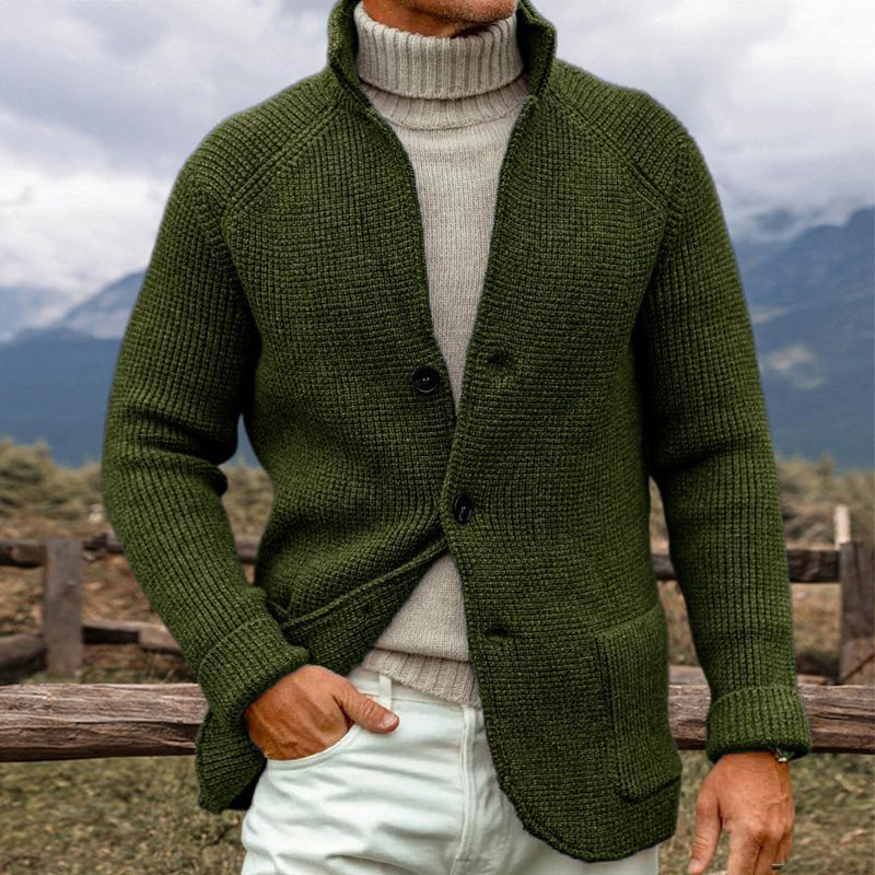 Men's chunky knit cardigan neutral tone button-front oversized cozy winter sweater thick texture