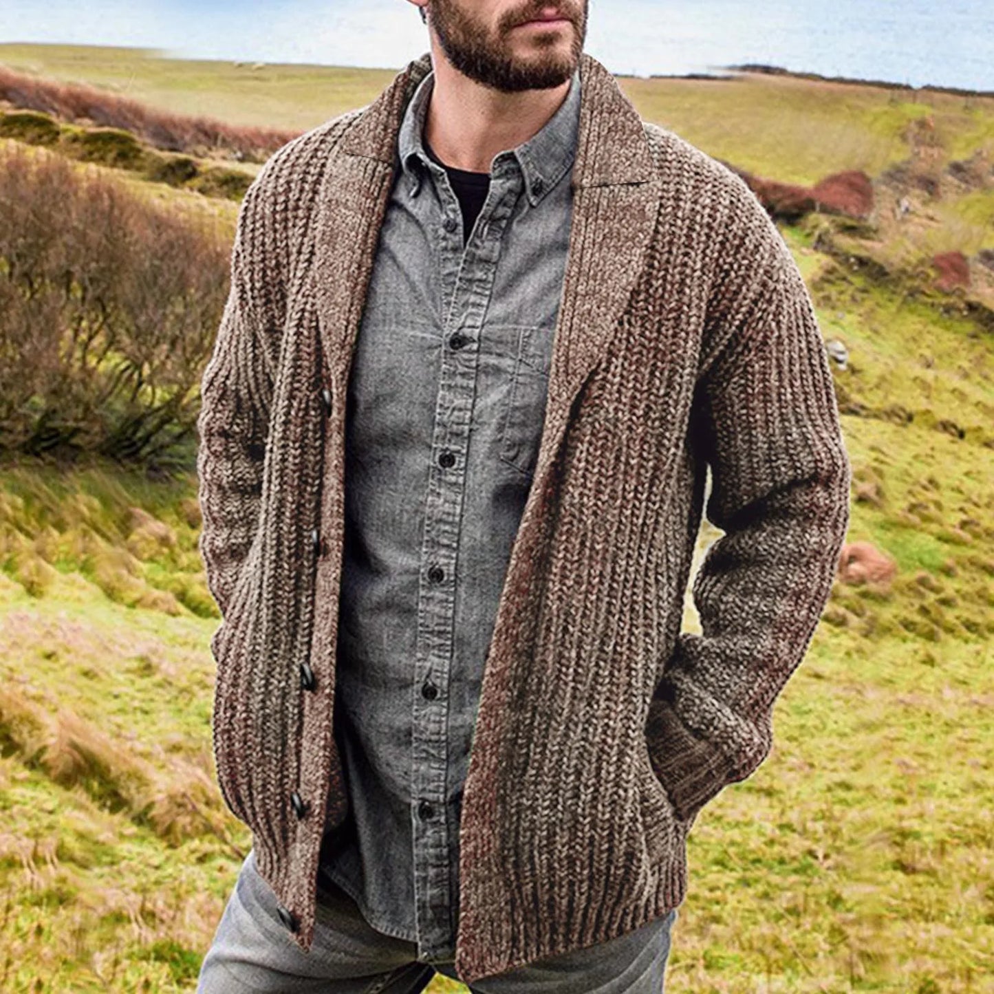 Men's relaxed-fit cardigan with button closure, soft fabric, side pockets, versatile everyday layering style