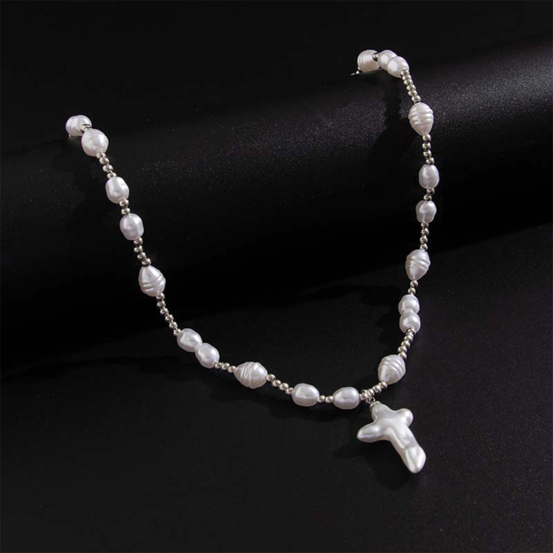 Pearl cross choker necklace for women, delicate CCB bead frame, elegant gold or silver finish