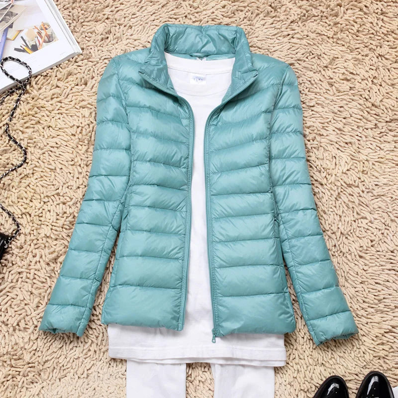 Women's taupe ultralight packable long down jacket with hood, travel-ready everyday warmth