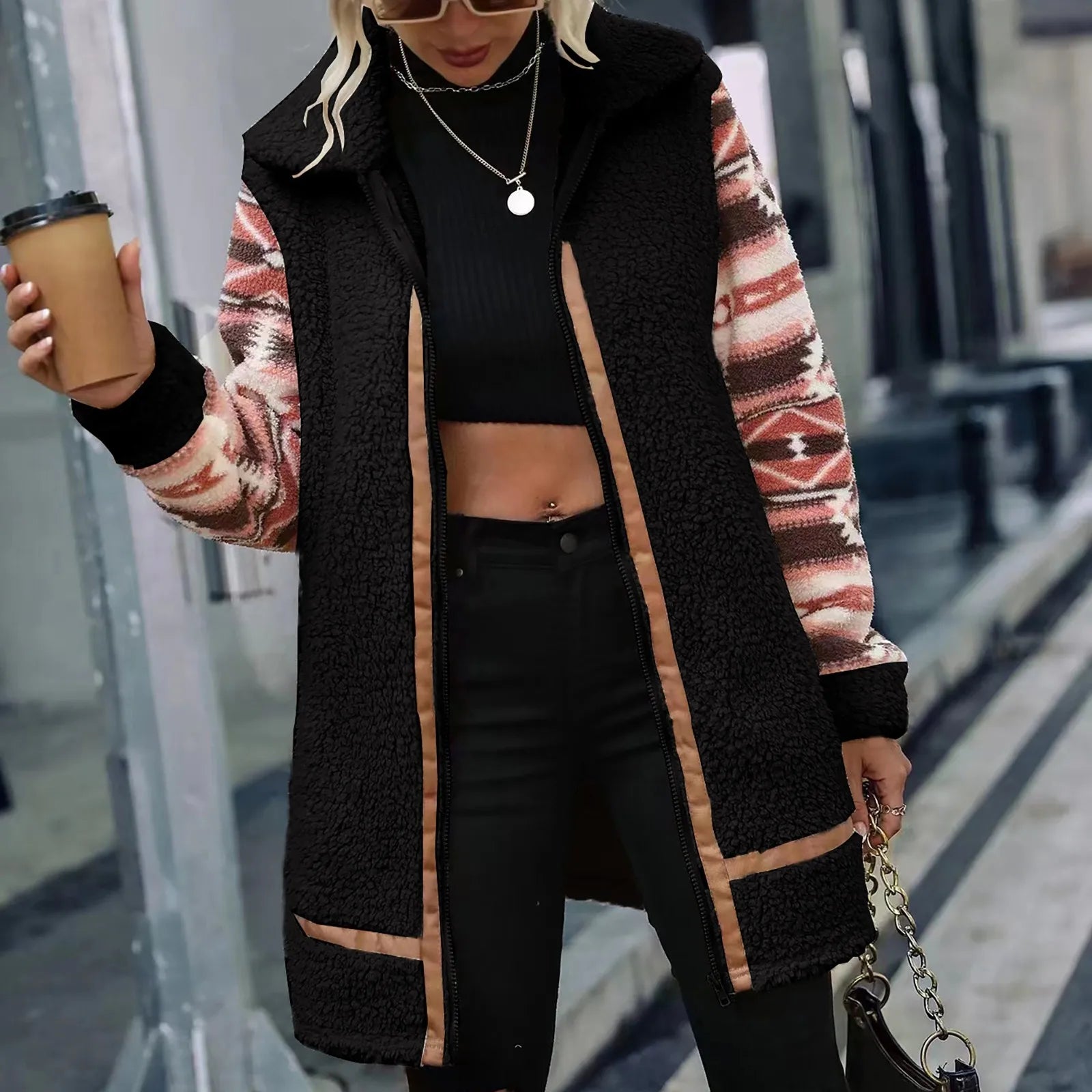 Women's luxurious fur coat warm insulation elegant casual winter wear earth-tone silhouette