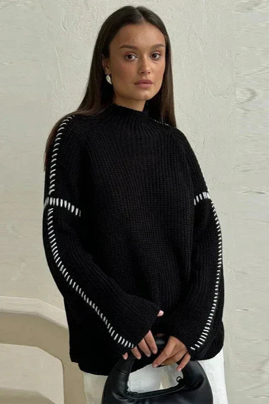 Multicolor patchwork knit jumper oversized drape mock neck flared sleeves bold contrast women