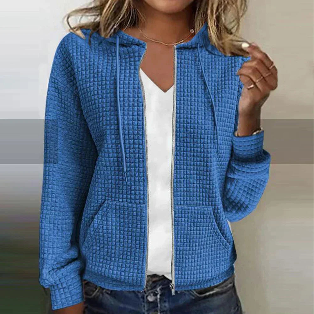 Women's lightweight zip-up jacket with drawstring hood, front pockets, casual everyday active layer