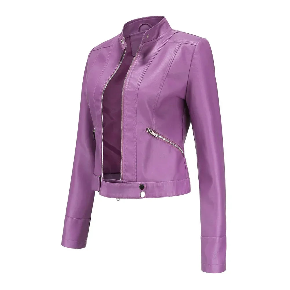 Women's black faux leather cropped jacket with stand collar, sleek slim fit for day-to-night style