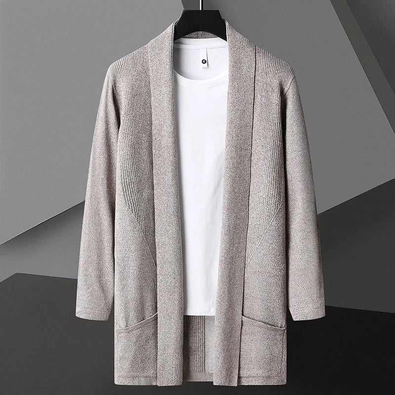 Men's lightweight long drape cardigan open-front breathable cotton-linen blend with hidden pockets
