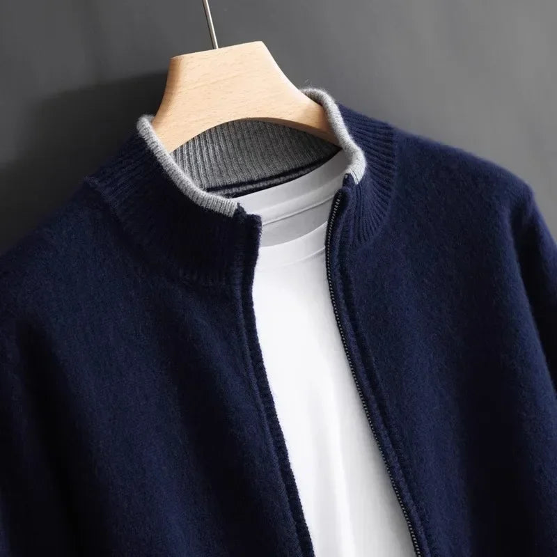Men's mock neck wool blend zip-up knit jacket with ribbed trim, regular fit, versatile winter layer